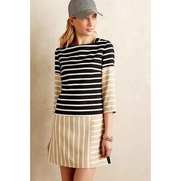 4.Collective 4C Anthropologie Dress Stripe Black Tan White 6 NWT - Picture 1 of 6